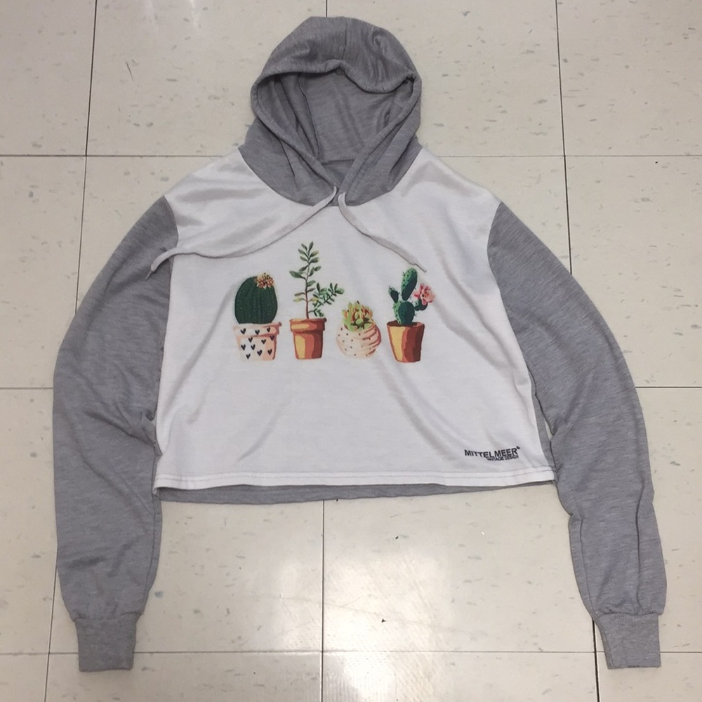 Grey & White Succulent/Plant Cropped Hoodie